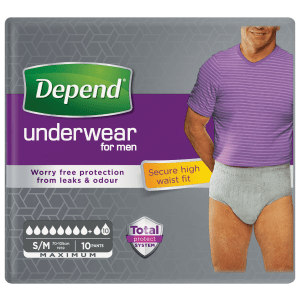 Depend Pants Maximum voor mannen die de volledige blaasinhoud aan urine en kleine beetjes ontlasting verliezen