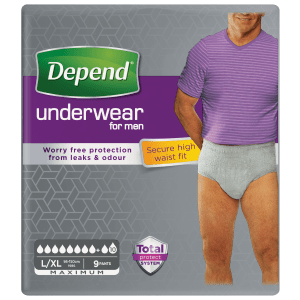 Depend Pants Voor Mannen Maximum voor mannen die de volledige blaasinhoud aan urine en kleine beetjes ontlasting verliezen